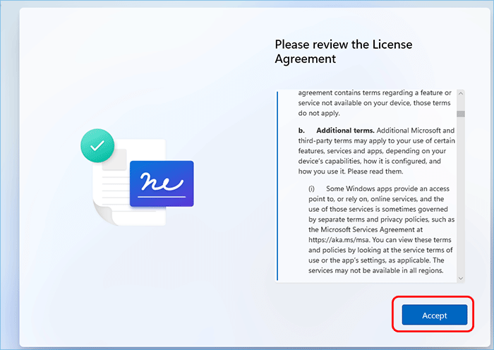 Windows 11 Initial Setup - Accept License Agreement